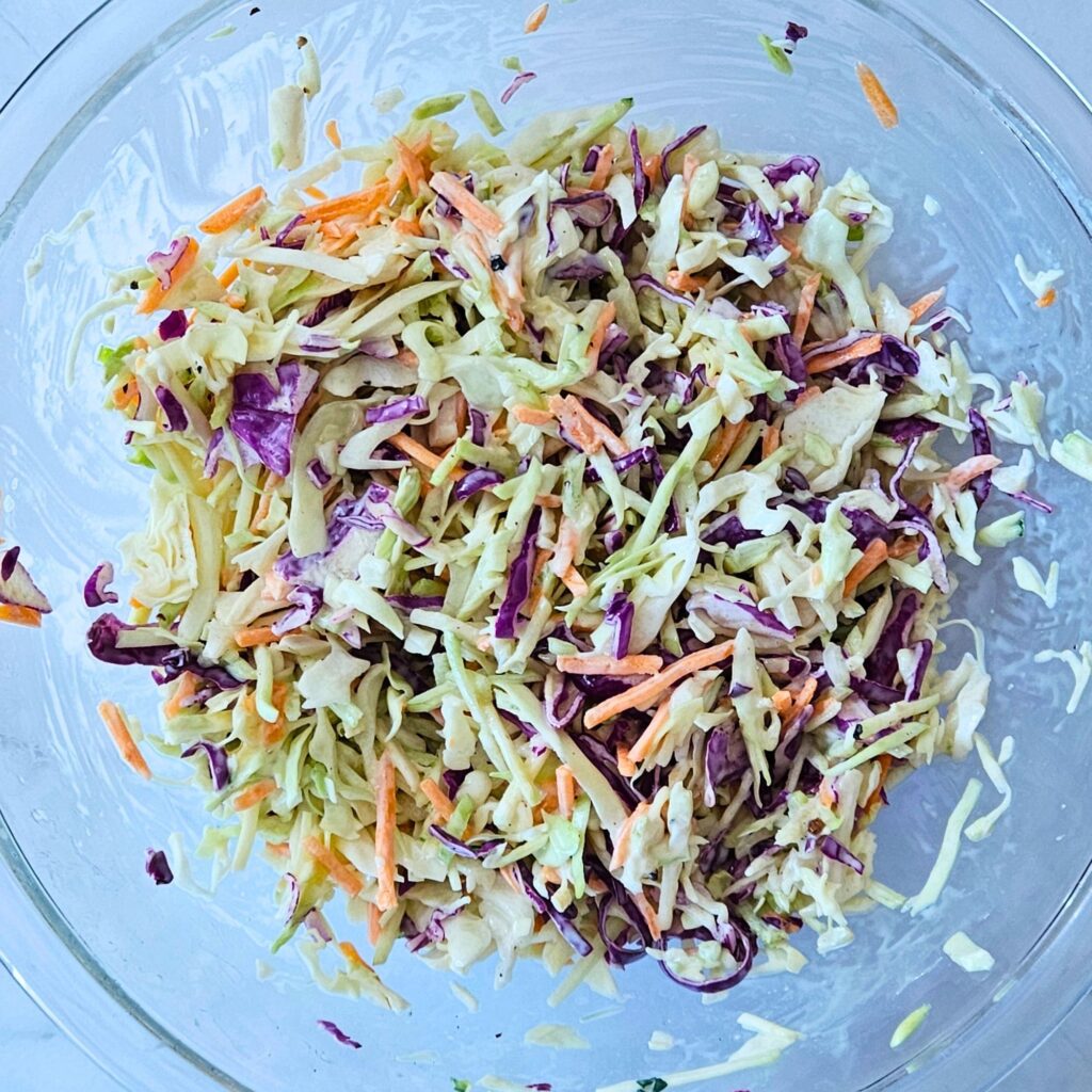 Mixed coleslaw for the apple cider pulled pork sandwiches.