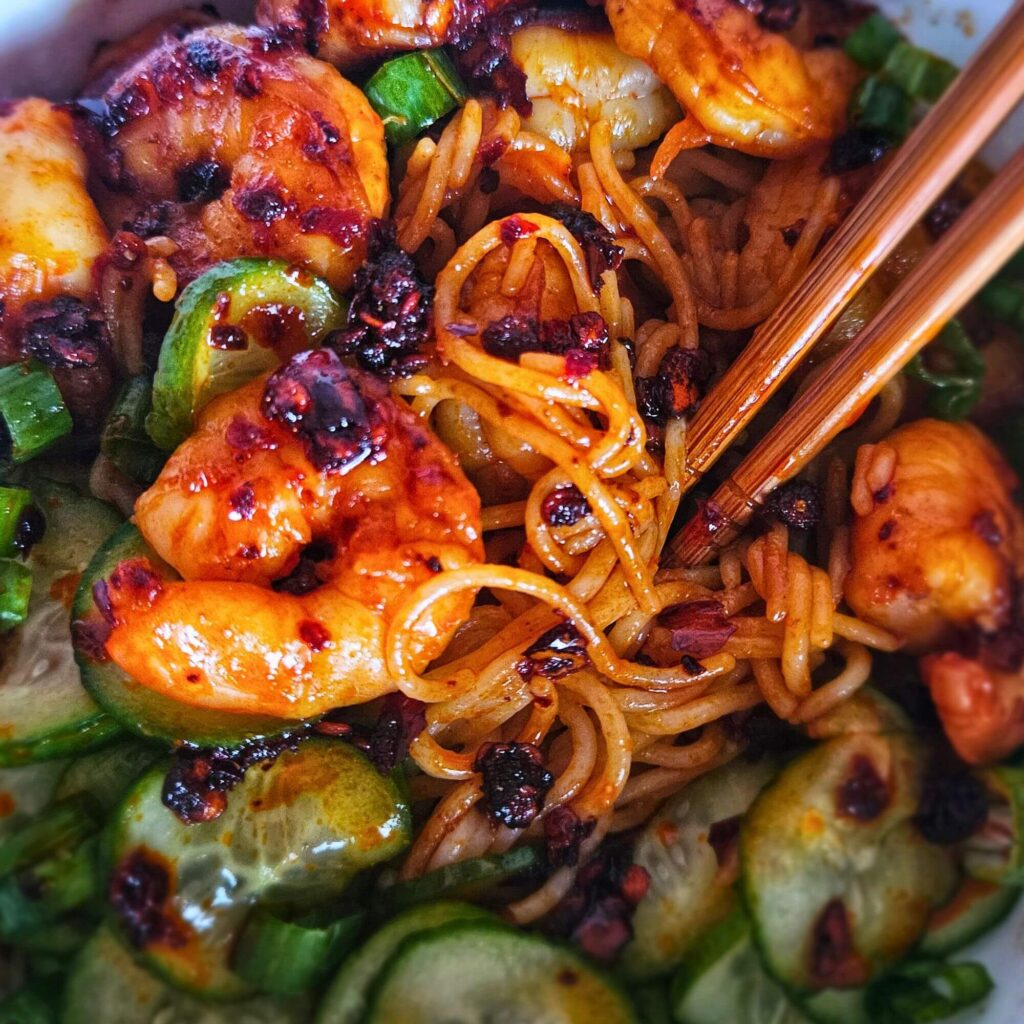 Image of peanut noodles with chili shrimp and pickled cucumbers in a bowl with chopstick being eaten.