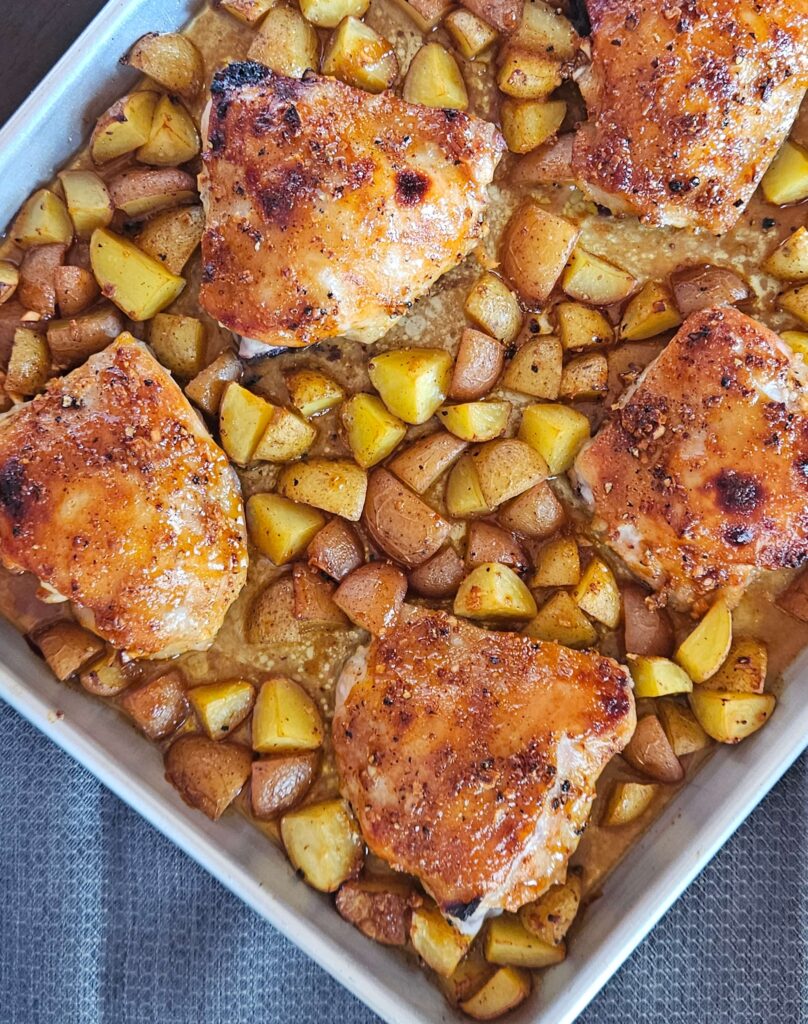 Sheet Pan Honey Mustard Chicken 9 Sheet pan honey mustard chicken thighs with roasted potatoes.
